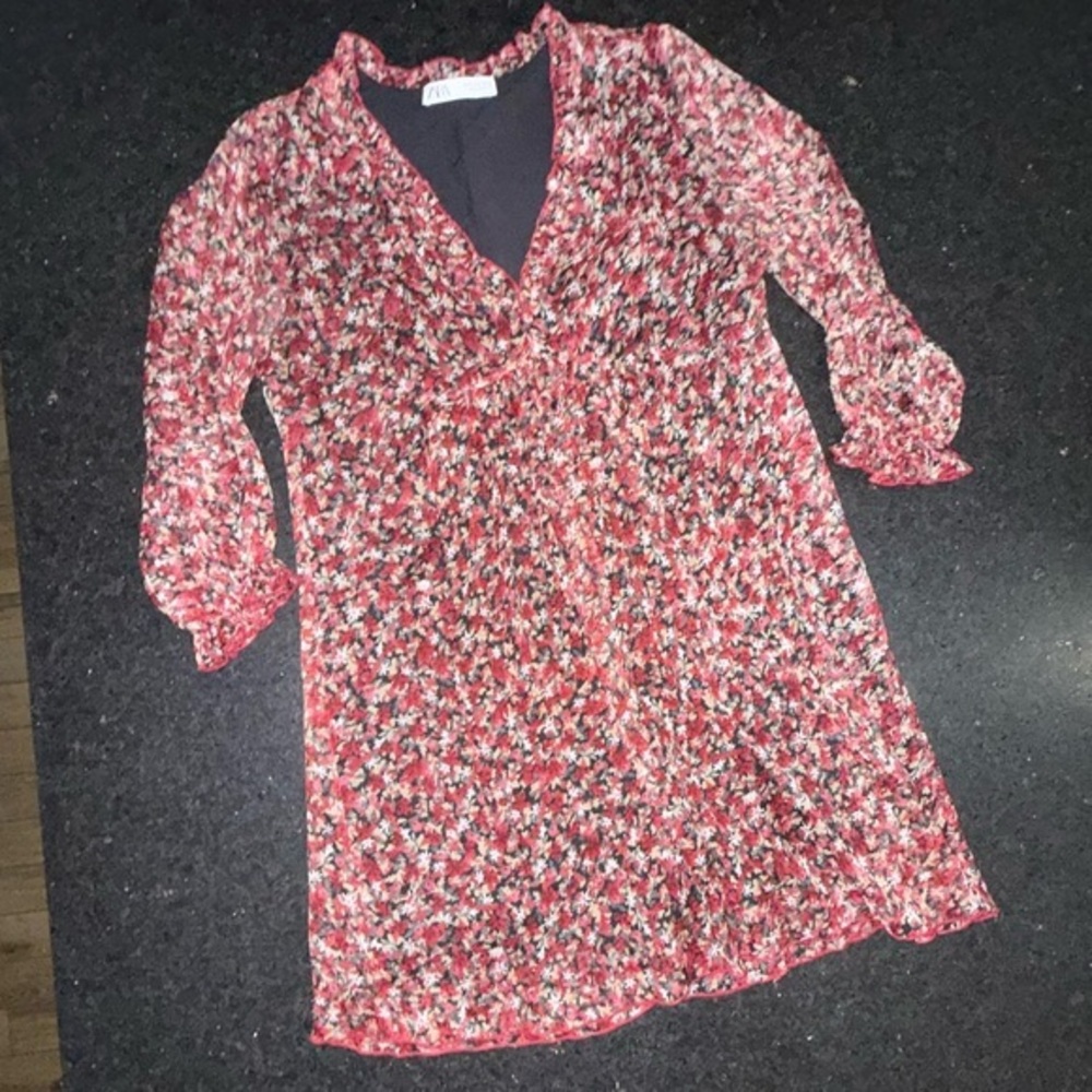 UEC Zara Ditzy Black Floral Print Long Sleeve Chiffon Baby Doll Mini Dress SZ M